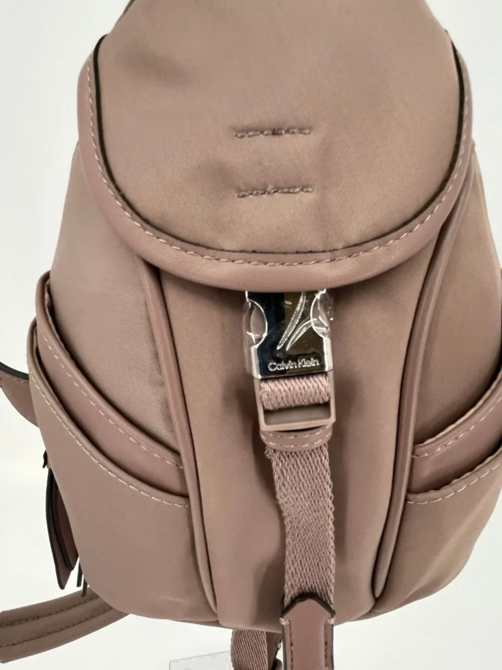 Calvin Klein Shay Mini Backpack Taupe Nylon Zip Buckle Front Pockets Adjustable